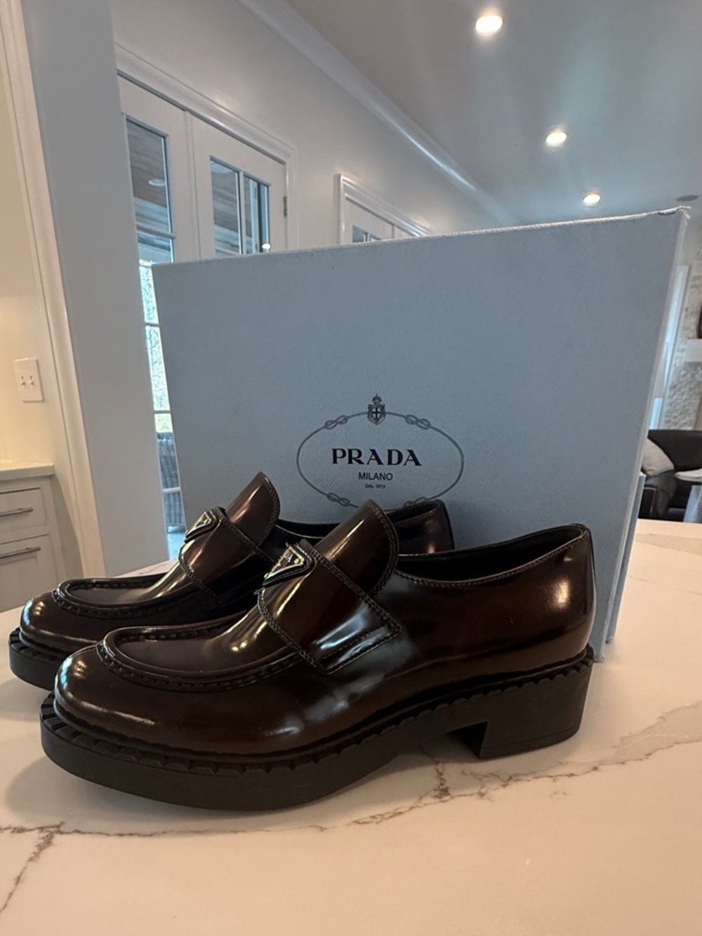 Prada Brown Leather Platform Womens Loafers Brown New 40.5 - Picture 2 of 4